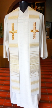 Priesterstola weiß, Kreuze in Bronzefarbe